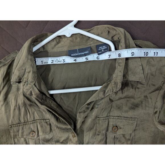 Moda International size S long sleeve collared 100% silk olive green midi dress - Picture 6 of 9